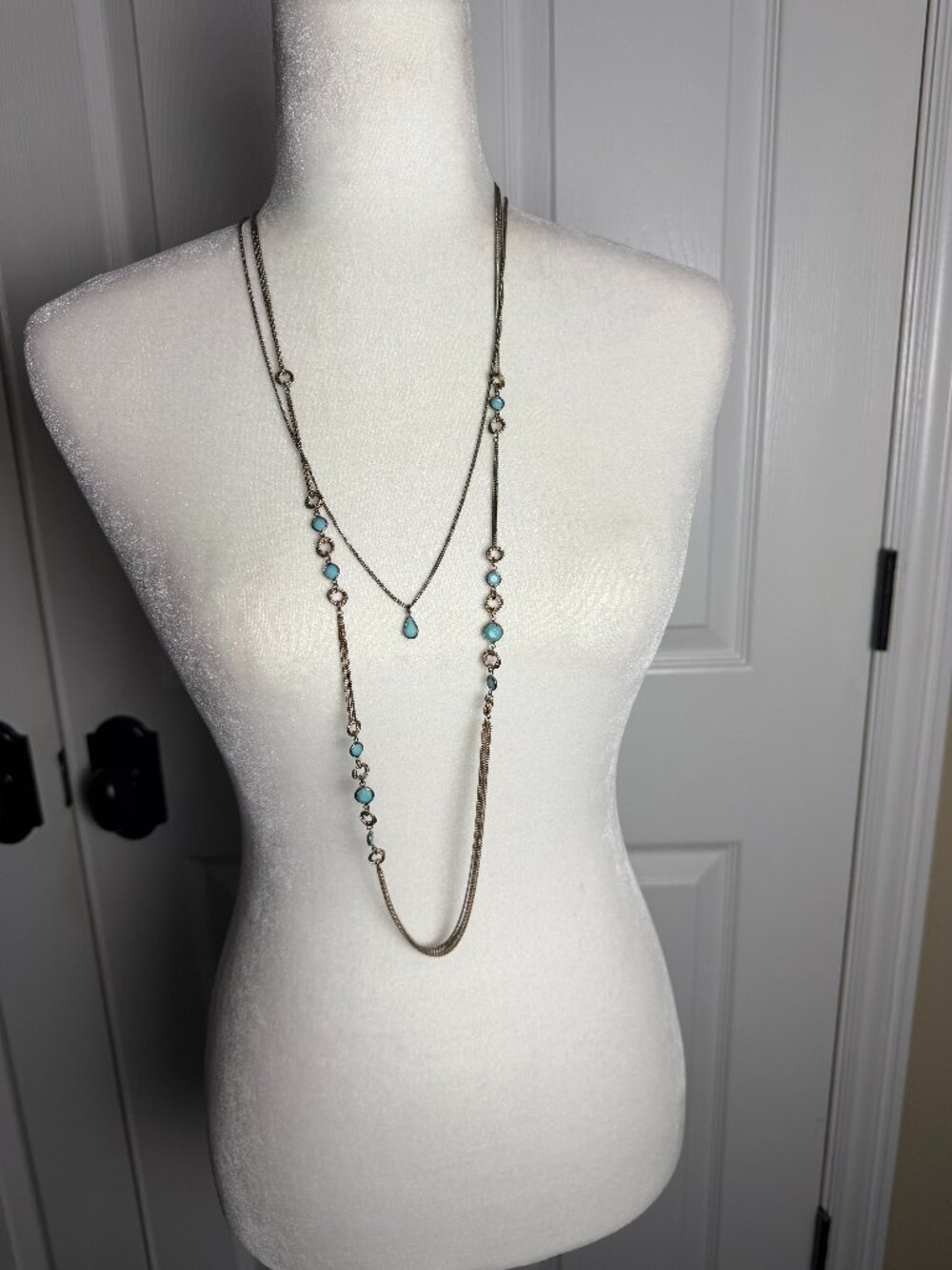 Extra Long Layered Gold Tone Turquoise & Crystal Chain Necklace